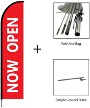 Load image into Gallery viewer, Now Open Sign Banner Feather Flag Kits - 15ft Flag Complete with Pole Set and Ground Stake - Red #EVO-15-RED-NOWOPEN Min 1