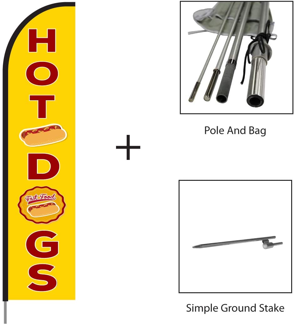 Hot Dogs Feather Flag Sign Banner, Complete Pole Kit for Outdoor Advertising Store Display, 15ft #EVO-15-HOTDOGS-FLAG-YELL Min 1