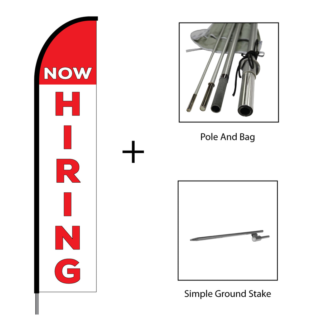 Now Hiring( Red & White) Flag Kit 15' Feet Feather Flag Sign Outdoor Banner #EVO-15-NOWHIRING-RED-WHITE Min 1