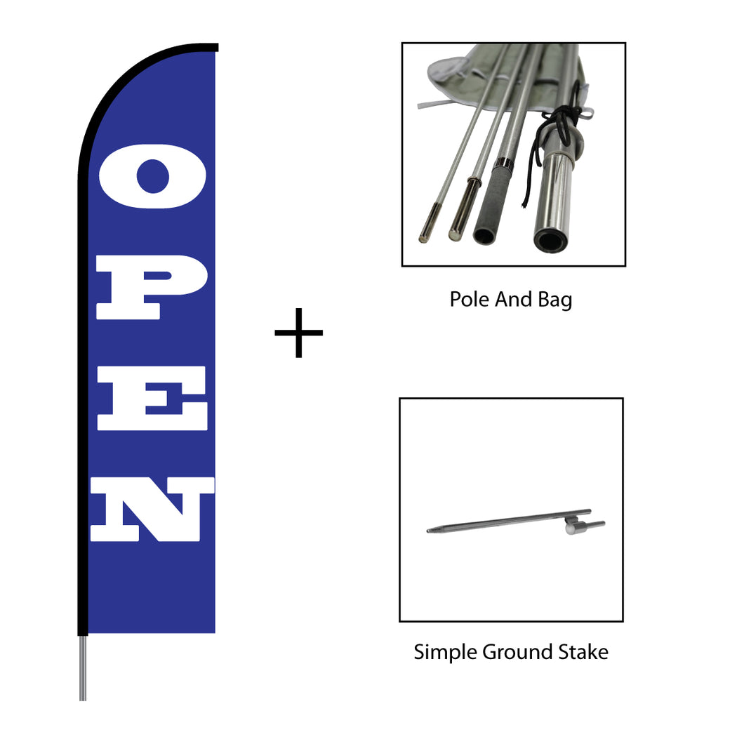 Open (Blue) Flag Kit 15' Feet Feather Flag Sign Outdoor Banner #EVO-15-BLU-OPEN Min 1